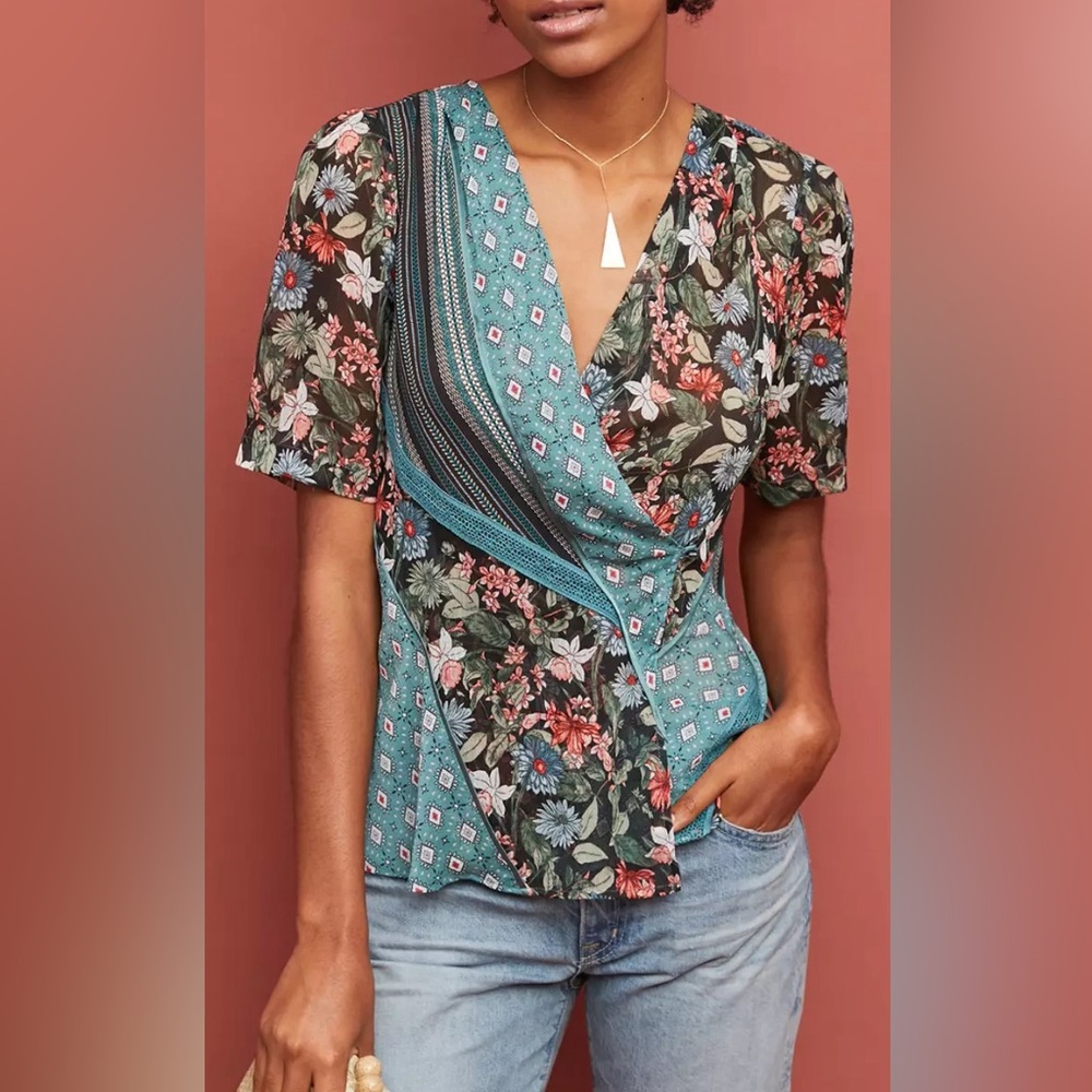 TINY Anthropologie lovely patchwork mixed print  wrap blouse  XS NWOT $118